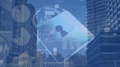 Modern Cityscape with Digital Padlock Overlay Symbolizing Cybersecurity