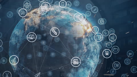 Global Network Connection with Media Icons Overlay