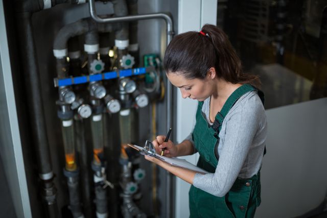 Female factory worker is documenting maintenance details on a clipboard in a drinks production facility. She is seen with machinery and pipes in the background. Useful for topics related to industrial work, factory safety, maintenance duties, manufacturing processes, and women in industrial jobs.