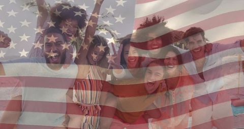 Group of Friends Celebrating on Beach with American Flag Overlay