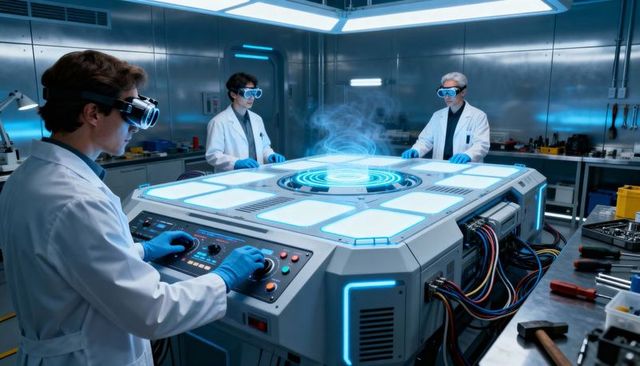 Research Team Operating Holographic Reactor Console in High-Tech Laboratory