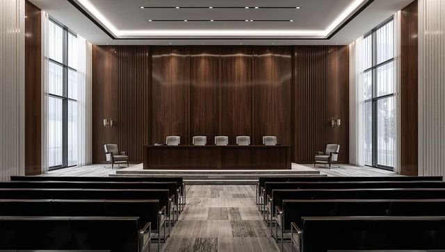 Modern wood-paneled hearing chamber with raised dais and five high-back chairs, symmetrical