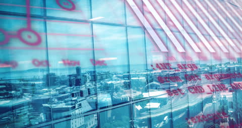 Digital Code Over Aerial Cityscape with Futuristic Overlay