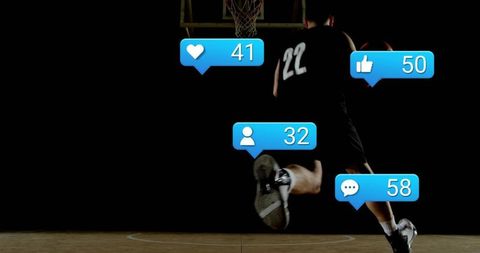 Jumping basketball player wearing jersey 22 soaring toward hoop with social media alerts