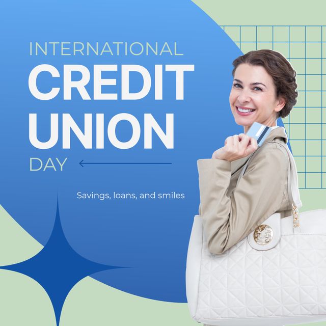 Composite of international credit union day text and smiling caucasian woman showing credit card. Savings, loans and smiles, banking, awareness, financial cooperative, promote, banking, celebrate.