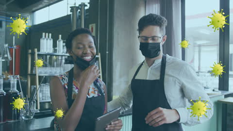 Happy Cafe Workers Smiling with Masks as Viruses Spread
