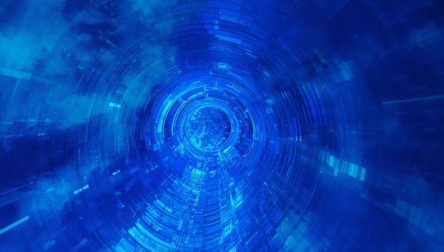 Spiraling Blue Data Tunnel Pulling Viewer Inward with Glowing Core and Circuit Rings