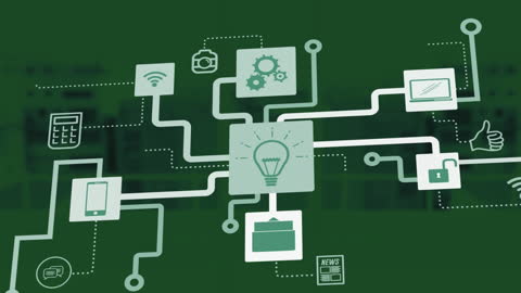 Interconnected Digital and Media Icons on Green Background