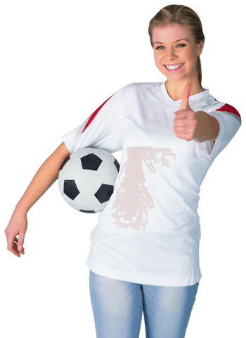 Smiling Football Fan with Ball Showing Thumbs Up on Transparent Background