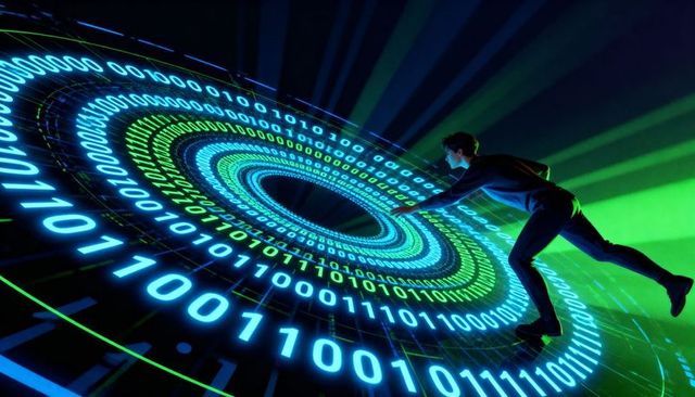 Leaning man reaching toward glowing binary vortex holographic portal with neon rings