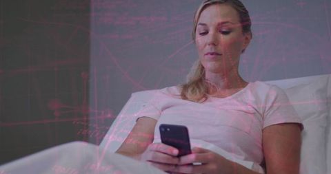 Calm woman reclining in bed using smartphone with pink data overlay for digital wellness