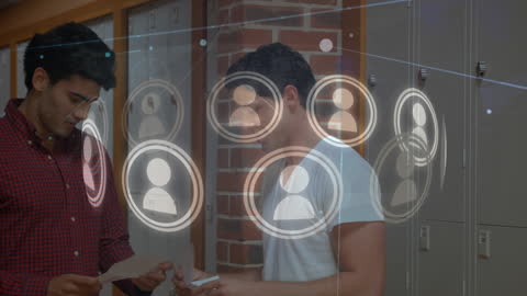 Digital Connections Overlaying Diverse Students in School Corridor