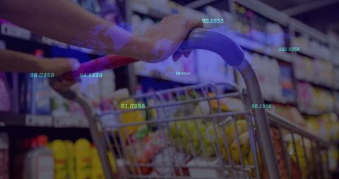 Financial Data Overlay on Woman Pushing Grocery Cart