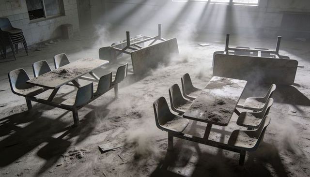 Derelict cafeteria tables bathing in sunbeams, dust-covered molded seats in abandoned hall