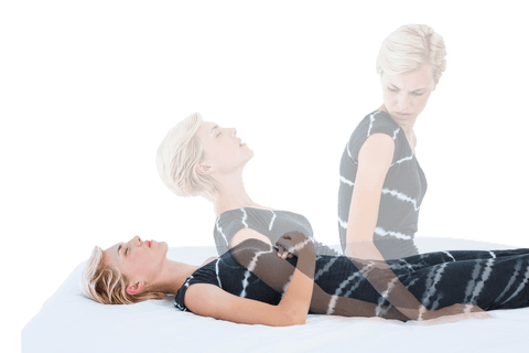 Transparent overlay of woman stretching on bed for lifestyle concept