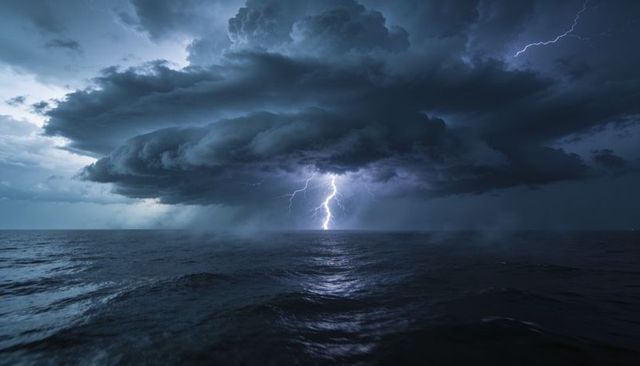 Forked lightning striking open ocean beneath massive shelf cloud at night