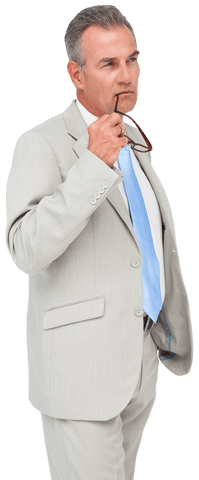 Caucasian Businessman Contemplating with Glasses on Transparent Background