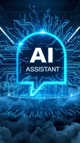 AI Assistant Booting Pulsing Holographic Chat Bubble over Cloud and Circuit Grid