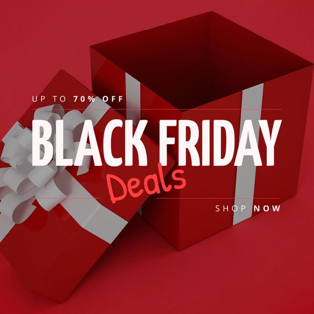 Composition of up to 70 percent off black friday deals shop now text over present. Black friday, shopping and retail concept digitally generated image.