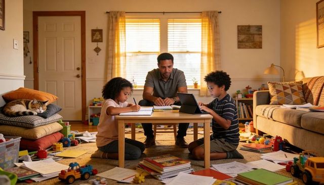 Father helping children with homeschooling at low table in cozy sunlit living room
