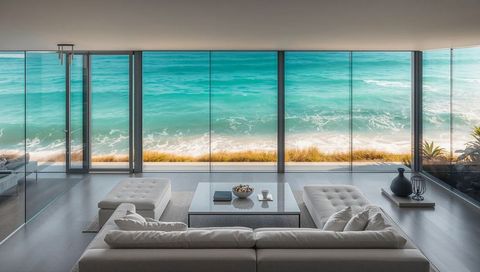 Minimalist Coastal Living Room Featuring Floor-to-Ceiling Glass Overlooking Turquoise Ocean