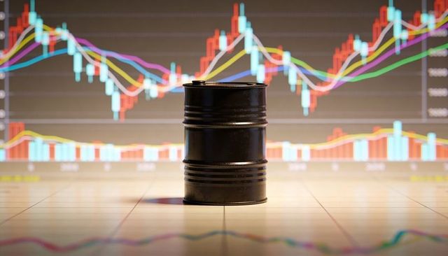 Black oil barrel reflecting on trading charts showing candlesticks and market volatility