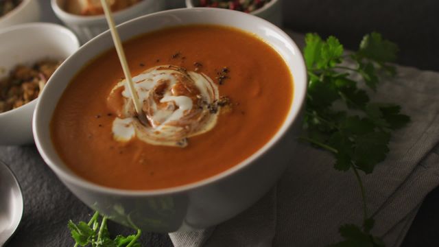 Cream is being poured into a bowl of savory vegetable soup on a dark wooden surface. Fresh herbs and small bowls of additional ingredients visible in background, adding to the culinary atmosphere. Ideal for use in articles and marketing related to cooking, healthy eating, kitchens, meal preparations, and food presentations.