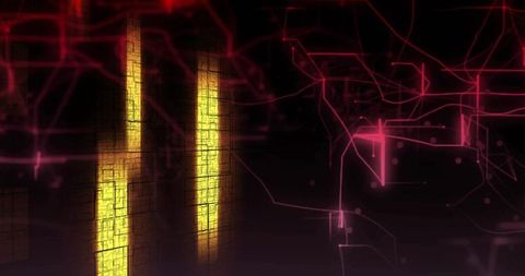 Twin amber light panels with neon magenta circuit grid, futuristic tech background