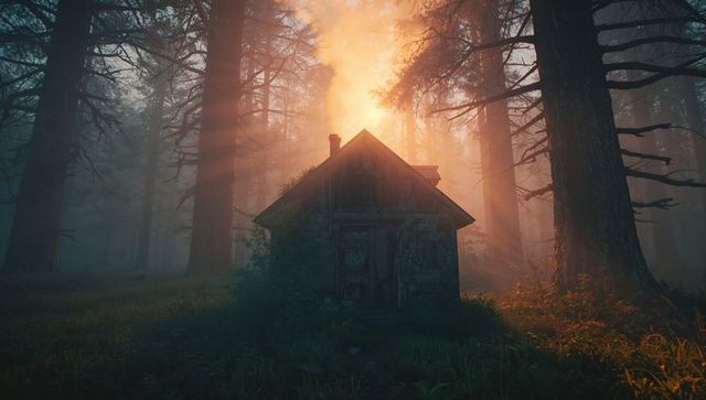 Enchanting Sunlit Cabin in Misty Forest