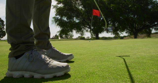 Golfer Preparing to Putt on Green with Red Flag in Background - Download Free Stock Images Pikwizard.com