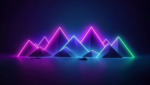 Glowing neon triangle mountain landscape with reflective pyramids and vaporwave lighting