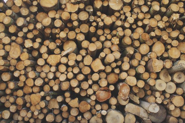 Cut logs neatly stacked, suitable for illustrating firewood preparation, sustainable logging, or rustic lifestyles. Ideal for use in articles on forestry management, woodworking, or natural resources.