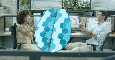 Smiling team discussing brainstorm over lunch with 3d brain graphic