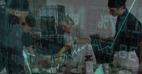 Chefs collaborating in professional kitchen with stock market overlay