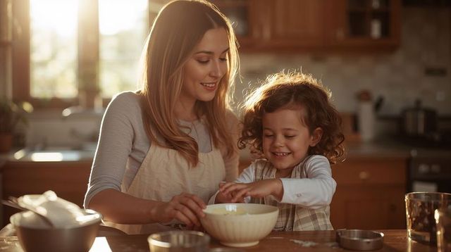 Mother and daughter baking in sunlit kitchen mixing dough and sharing warm happy moment