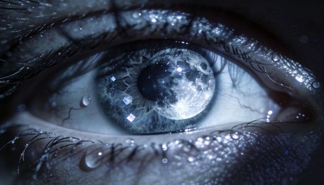 Lunar reflection in tearful eye macro surreal moonlit iris close-up