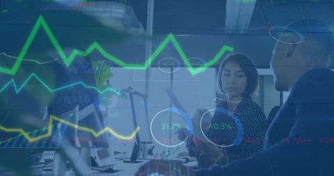 Business Team Collaborating with Digital Interface Graphics