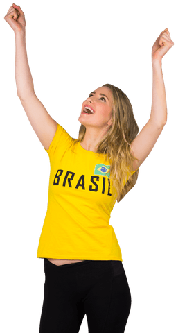 Transparent excited football fan in brasil t-shirt celebrating victory