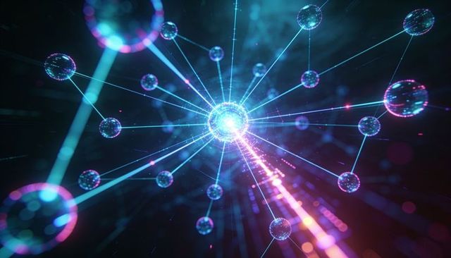 Radiating neon network hub with glowing nodes and light filaments in futuristic 3d space