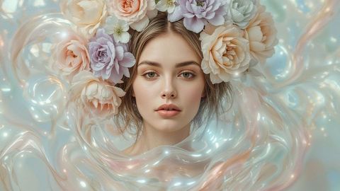 Beautiful lady ethereal beauty with floral crown and pearlescent ribbons