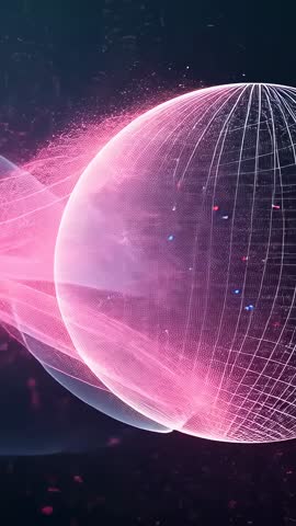 Rotating Neon Wireframe Orb Charging with Streaming Ribbons and Particles Vertical Motion Loop