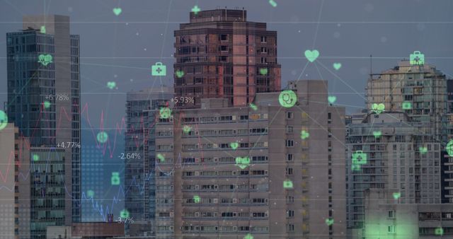 Futuristic Cityscape with Digital Health Icons Overlay - Download Free Stock Images Pikwizard.com