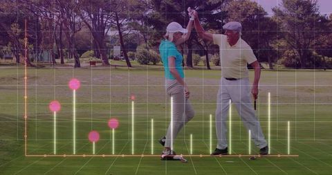 Senior Couple Celebrating Achievement on Golf Course With Data Overlay