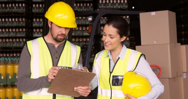 Warehouse workers wearing safety gear checking inventory list - Download Free Stock Images Pikwizard.com