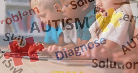 Autism Awareness Featuring Children and Puzzle Motifs