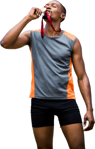 Transparent African American Athlete Kissing Medal for Victory Celebration