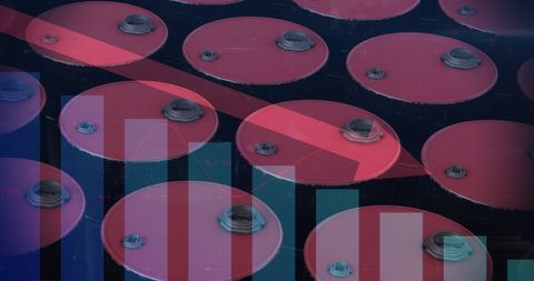 Red Oil Drums Overlayed with Financial Graph Analyzing Economy
