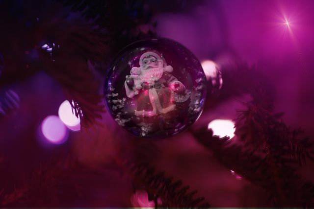 Christmas ornament featuring Santa Claus hanging on holiday tree with colorful lights in pink and purple hues. Suitable for holiday greeting cards, festive posters, social media posts, and Christmas marketing materials.