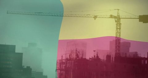 Urban Construction Crane Over City Skyline with Pastel Overlay