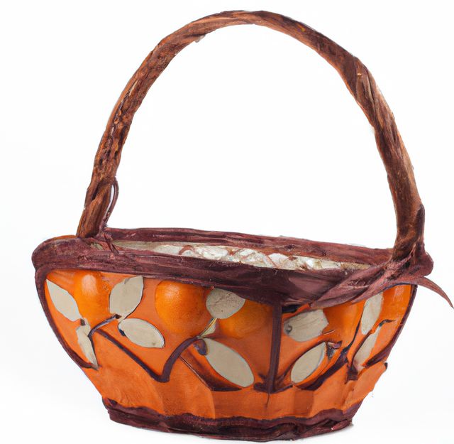 Image of close up of traditional wicker basket with orange pattern on white background. Orange fruit and colour concept.